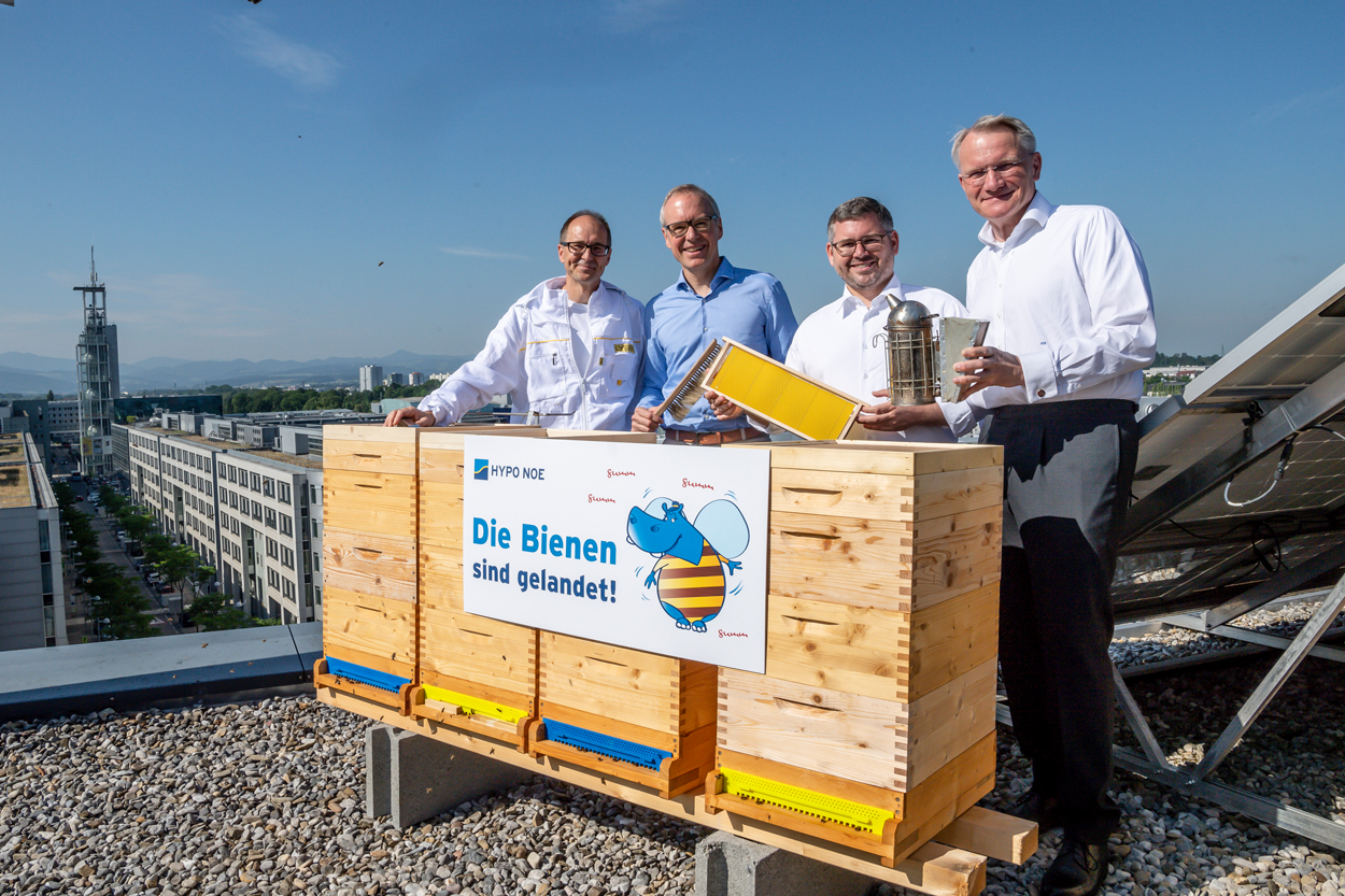 Unternehmensvertreter und Imker hinter den Bienenstöcken am Dach der HYPO NOE.