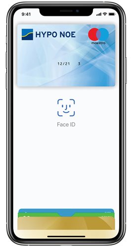 Ein iPhone mit Apple Pay und HYPO NOE Debitkarte am Bildschirm.