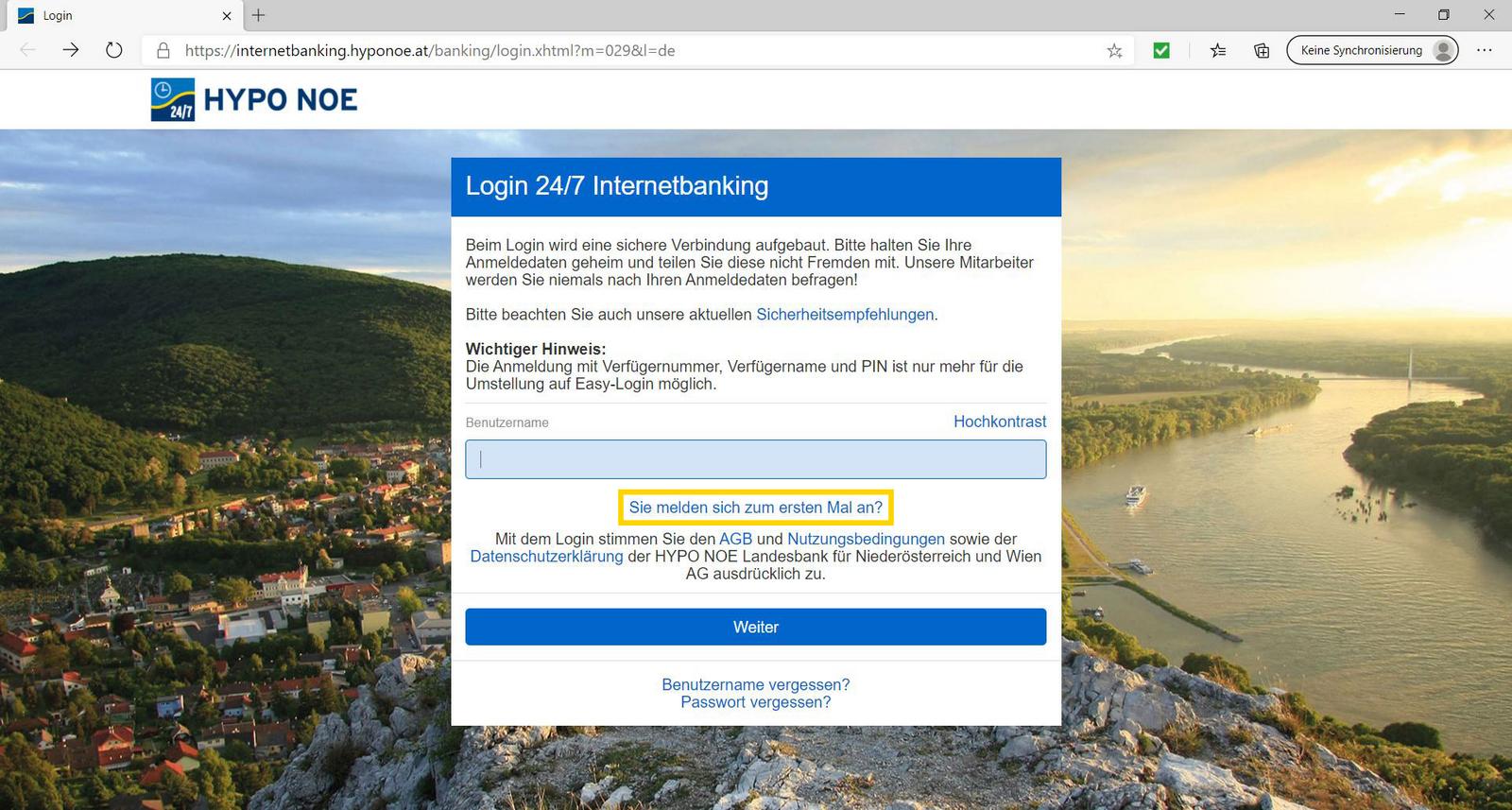 Login Maske des HYPO NOE 24/7 Internetbankings mit Easy-Login