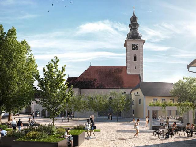 Eine Grafik eines Platzes, auf dem Menschen gehen, Rad fahren und sitzen, links sind Beete und Bäume, geradeaus die Kirche