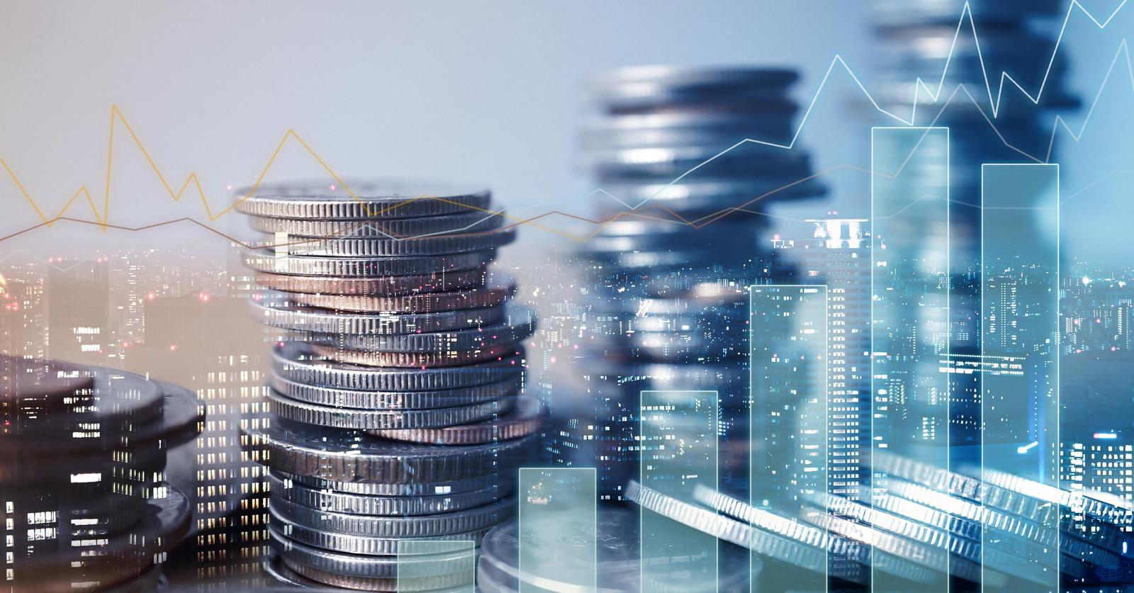 Doppelexposition von Graphen und Reihen von Münzen