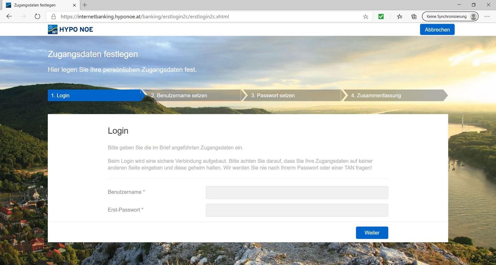 Die Login-Maske des HYPO NOE 24/7 Internetbankings mit Benutzername und Passwort