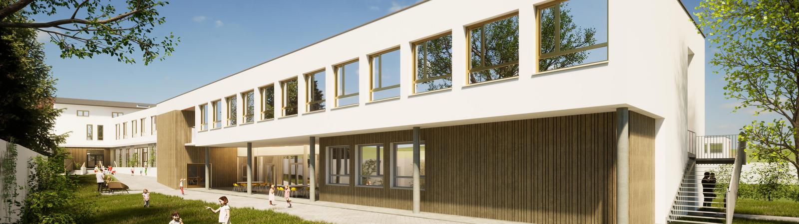 Grafik eines modernen, weißen, zweistöckigen Gebäudes mit Terrasse im Erdgeschoss und davor Grünfläche.