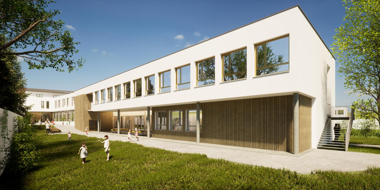 Grafik eines modernen, weißen, zweistöckigen Gebäudes mit Terrasse im Erdgeschoss und davor Grünfläche.