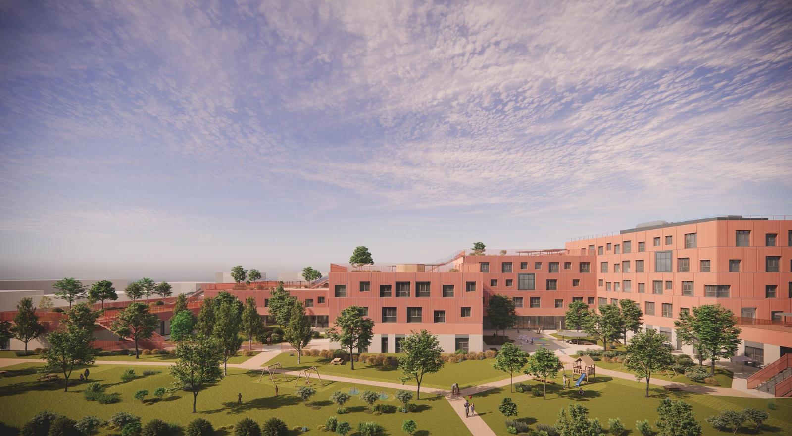Visualisierung eines mehrgeschossigen Gebäudes mit Grünflächen und Wegen davor.