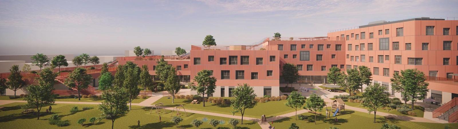 Visualisierung eines mehrgeschossigen Gebäudes mit Grünflächen und Wegen davor.