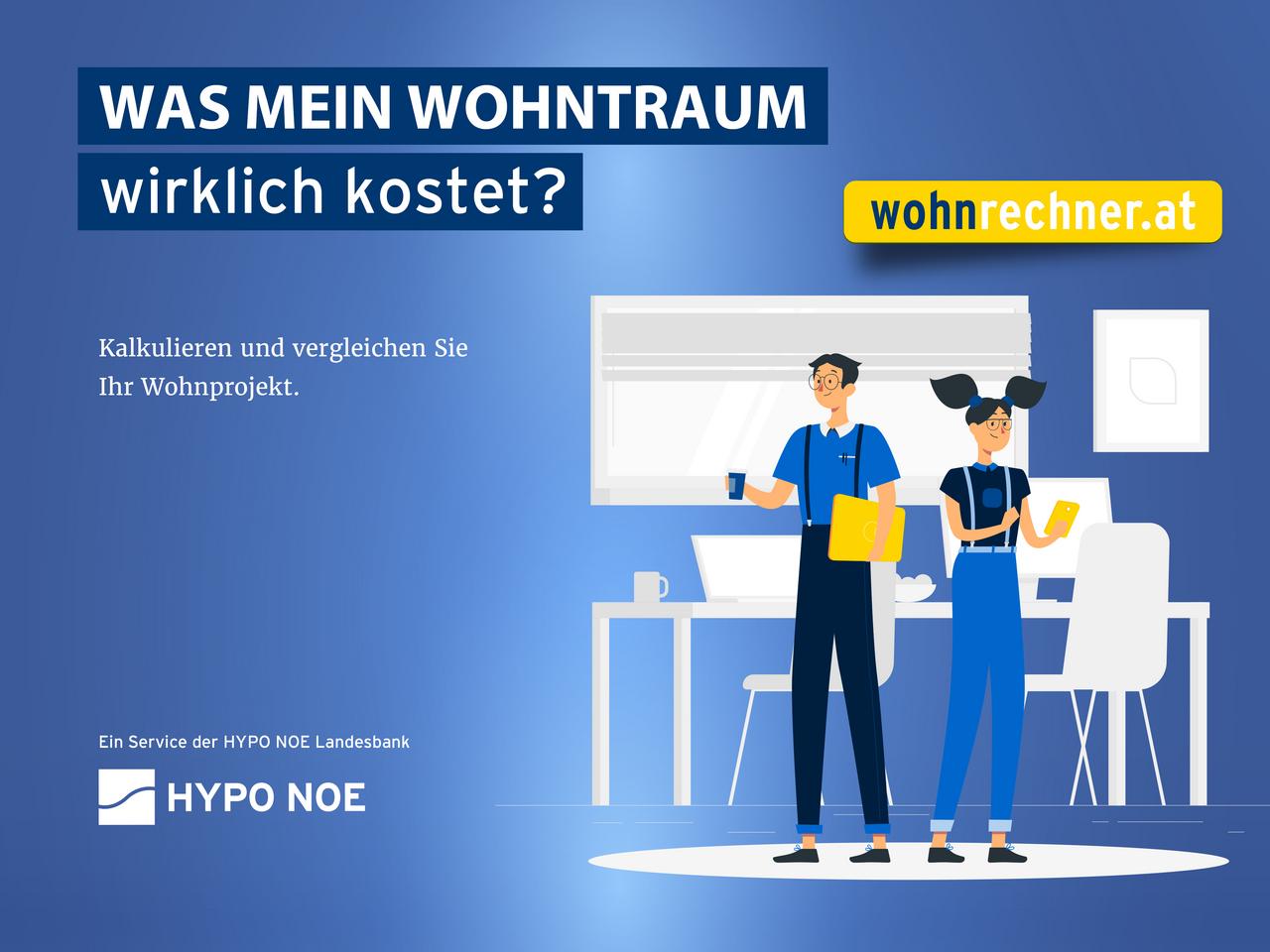 Grafik mit zwei Personen vor Tischen, daneben steht "Was mein Wohntraum wirklich kostet? Kalkulieren und vergleichen Sie Ihr Wohnprojekt."