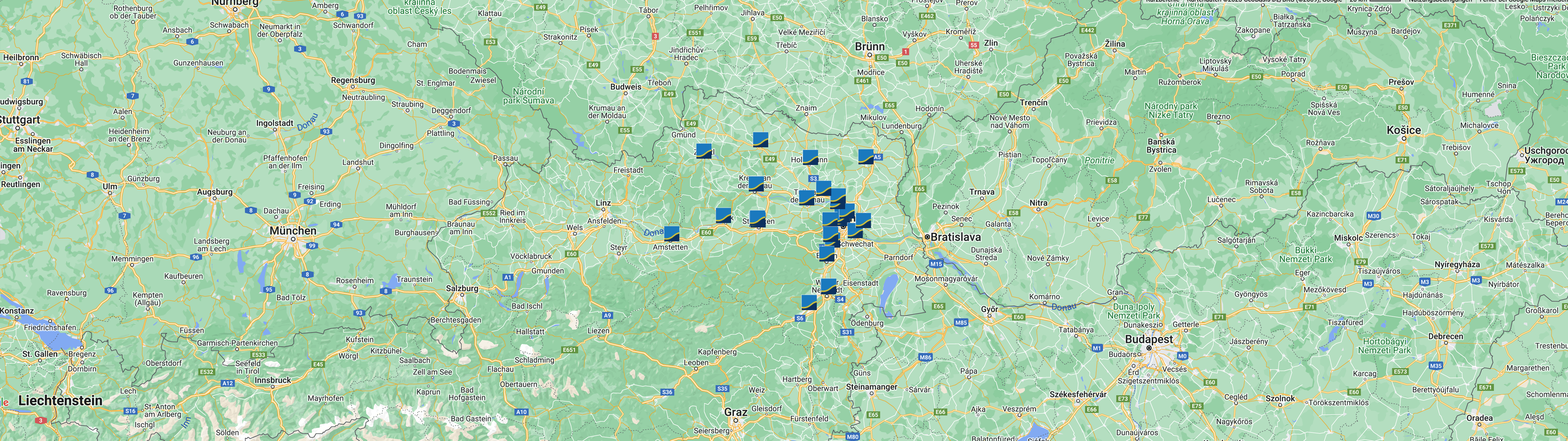 Google Maps Ansicht aller HYPO NOE Filialen in Niederösterreich und Wien.