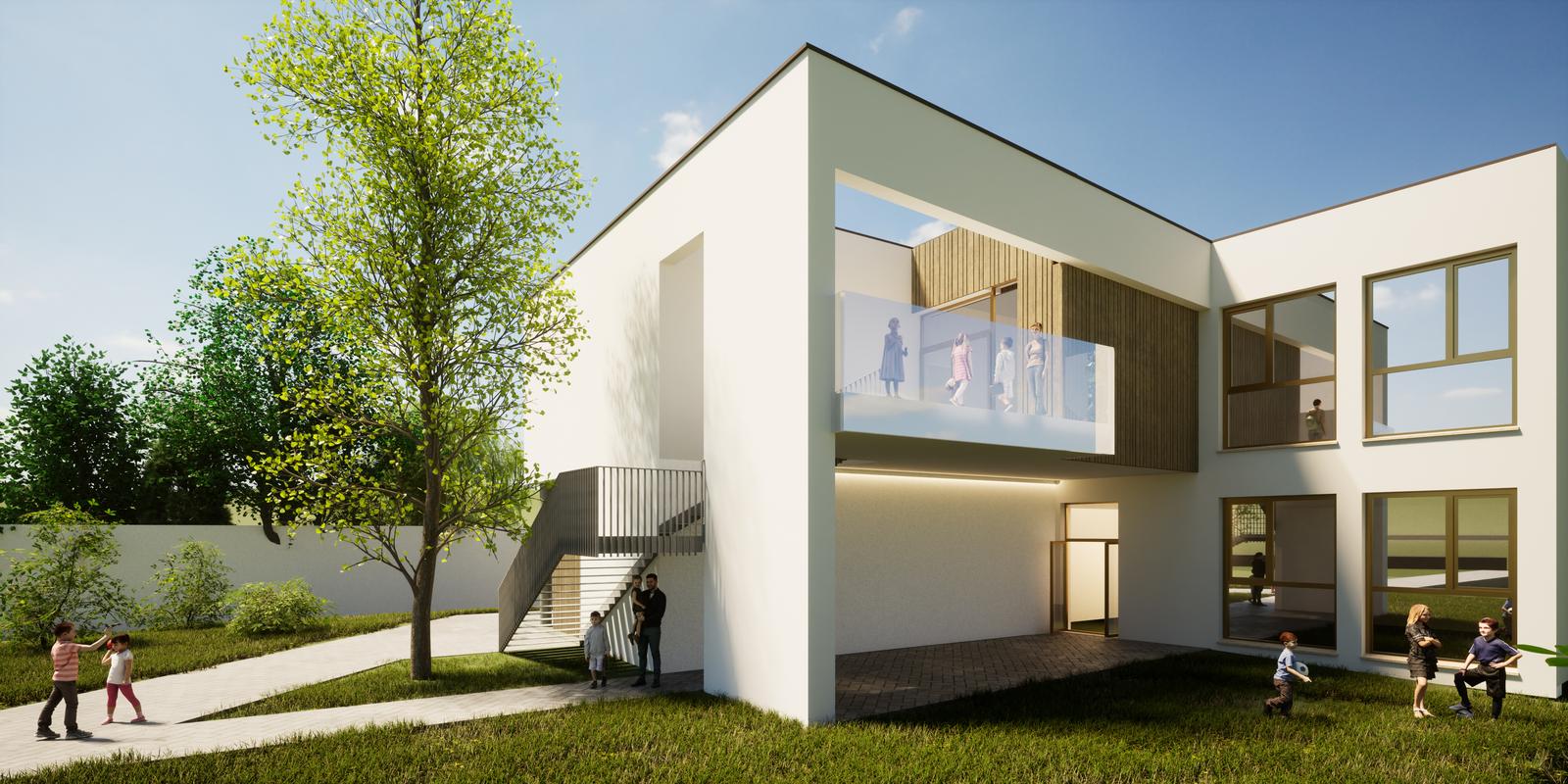 Grafik eines modernen, weißen zweistöckigen Gebäudes mit Außentreppe und Grünfliäche