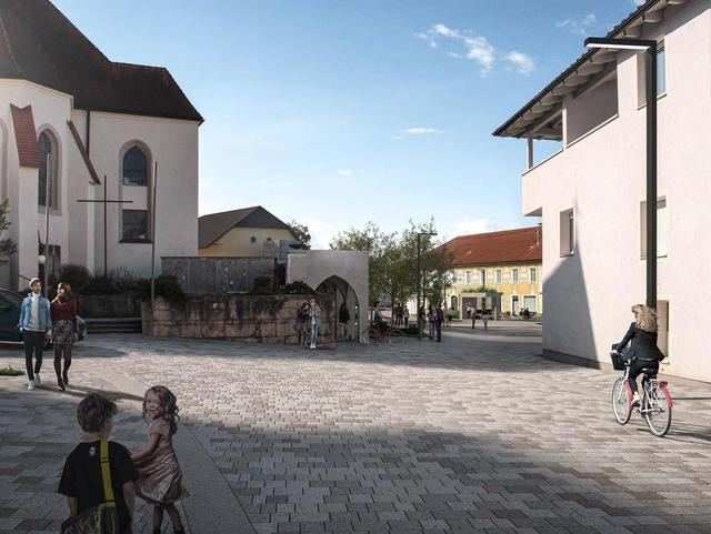 Eine Grafik eines Platzes auf dem Menschen gehen und Rad fahren, links ist eine Kirche und rechts ein Gebäude zu sehen