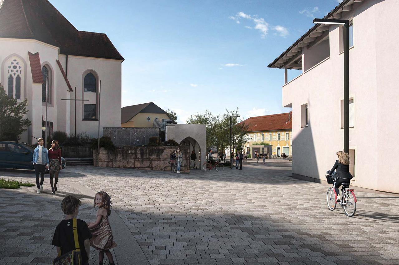 Eine Grafik eines Platzes auf dem Menschen gehen und Rad fahren, links ist eine Kirche und rechts ein Gebäude zu sehen