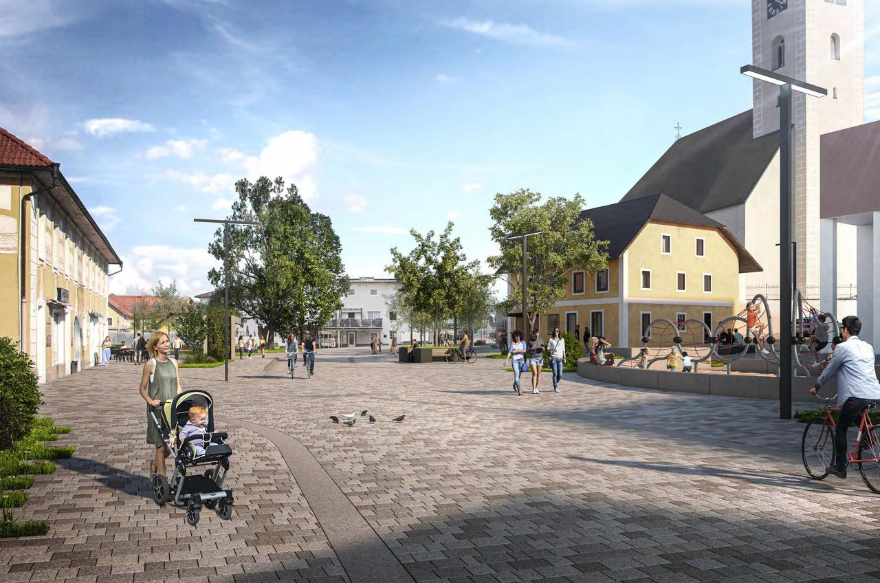 Eine Grafik eines Platzes, auf dem Menschen gehen, Rad fahren und sitzen. Geradeaus sind Beete, Bäume und Grünflächen, rechts Spielplatz und Kirche.