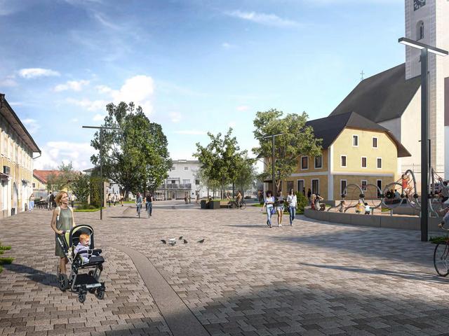 Eine Grafik eines Platzes, auf dem Menschen gehen, Rad fahren und sitzen. Geradeaus sind Beete, Bäume und Grünflächen, rechts Spielplatz und Kirche.