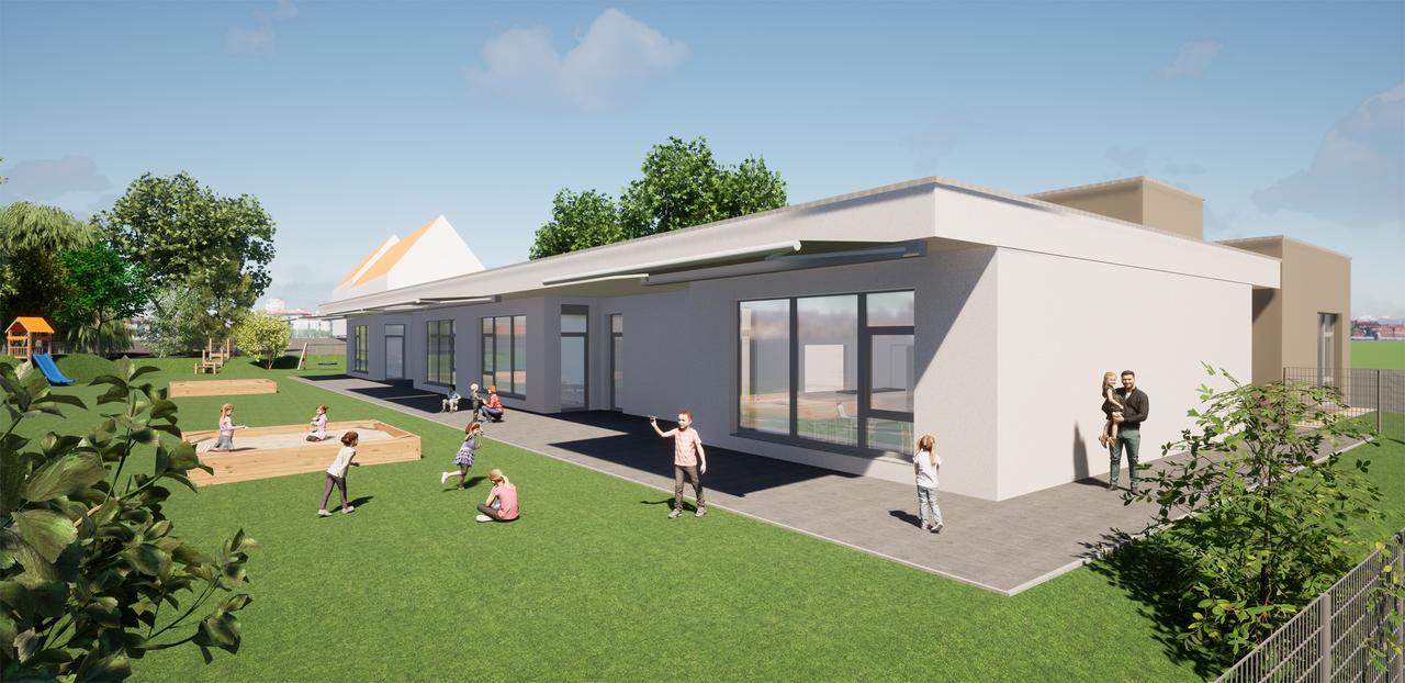Architekturzeichnung eines einstöckigen Gebäudes, das als Kindergarten in der Stadtgemeinde Ternitz errichtet wird