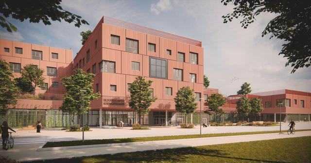 Visualisierung eines mehrstöckigen Gebäudes mit Freiflächen davor.
