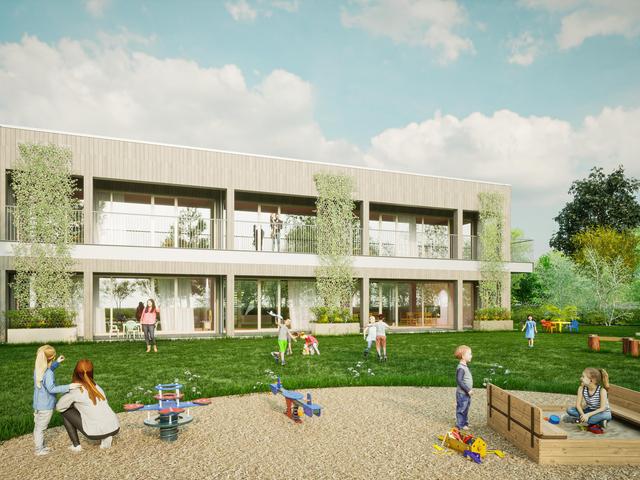 Architekturzeichnung eines zweistöckigen Gebäudes mit Garten im Vordergrund, das als Kindergarten in der Stadtgemeinde Ternitz errichtet wird