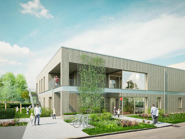 Architekturzeichnung eines zweistöckigen Gebäudes mit Straße im Vordergrund, das als Kindergarten in der Stadtgemeinde Ternitz errichtet wird