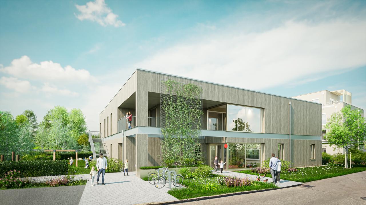 Architekturzeichnung eines zweistöckigen Gebäudes mit Straße im Vordergrund, das als Kindergarten in der Stadtgemeinde Ternitz errichtet wird