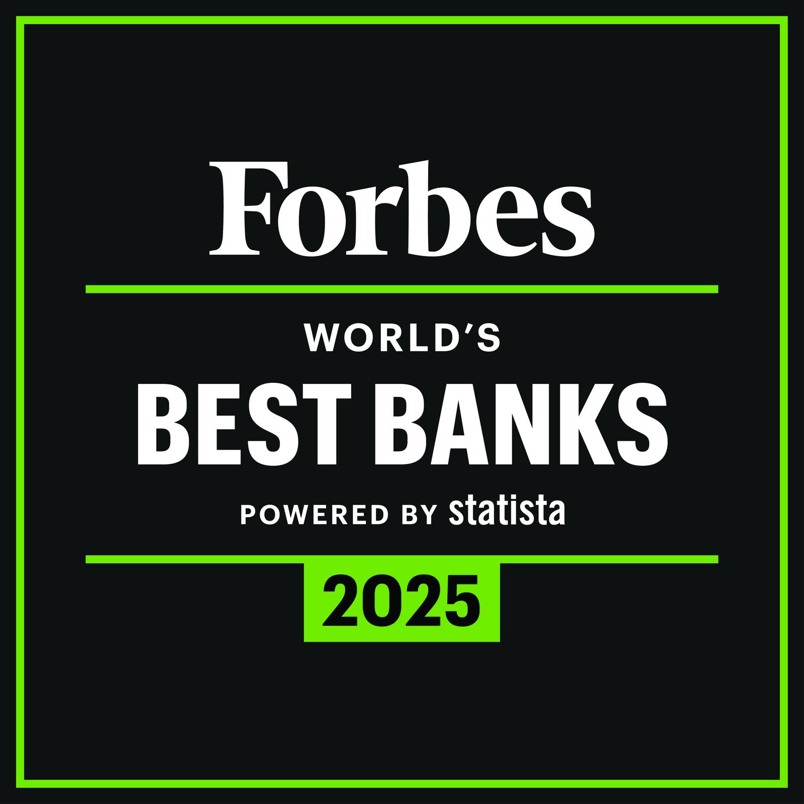 Eine Gütesiegel mit weißer Schrift auf schwarzen Grund und grünen Highlight mit der Aufschrift "Forbes World's Best Bank 2025"